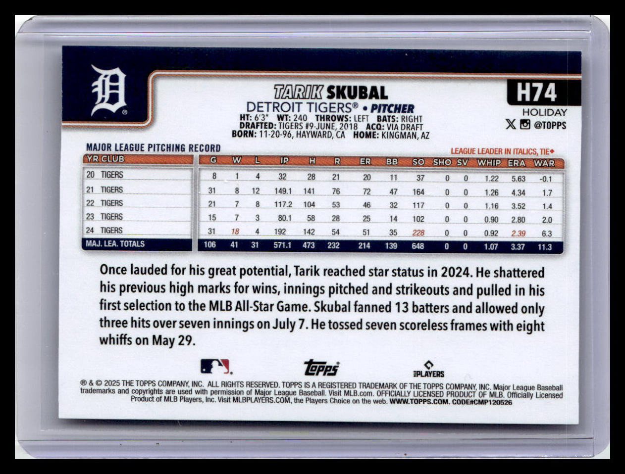 2025 Topps Holiday #H74 Tarik Skubal