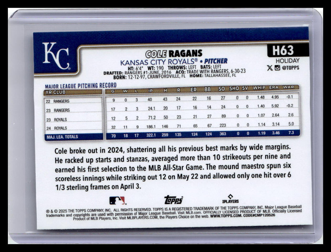 2025 Topps Holiday #H63 Cole Ragans