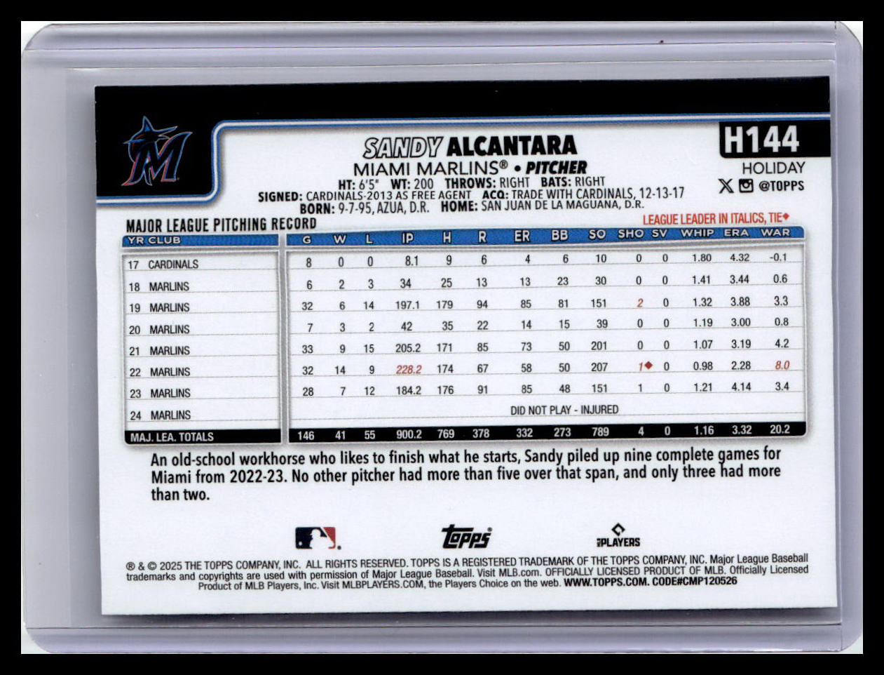 2025 Topps Holiday #H144 Sandy Alcantara