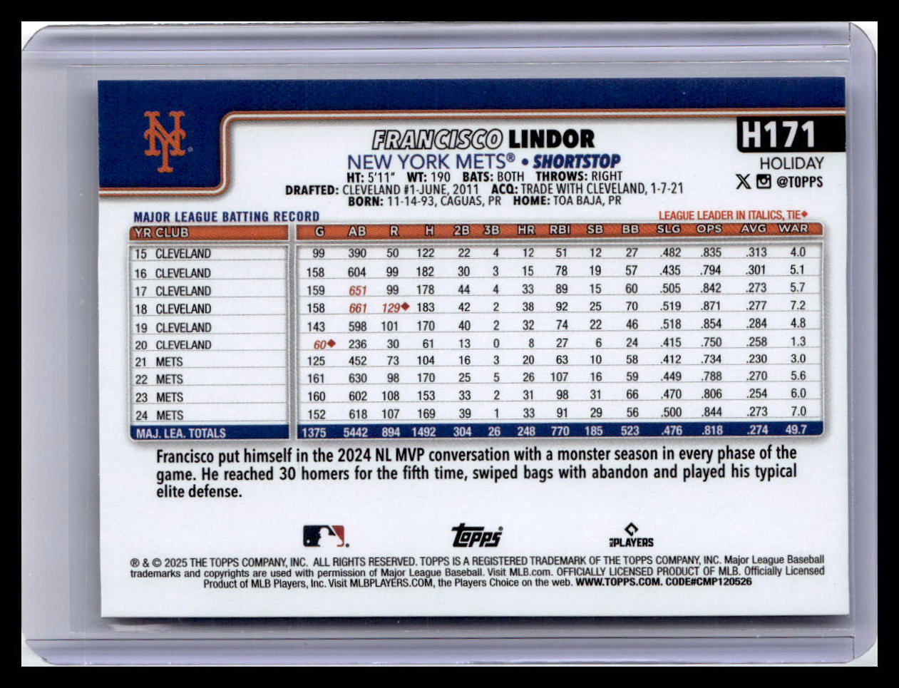 2025 Topps Holiday #H171 Francisco Lindor