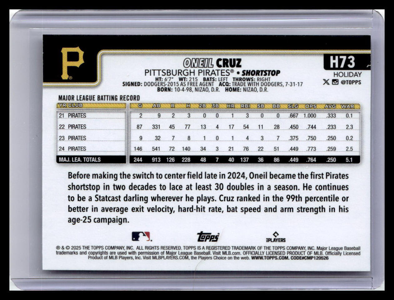 2025 Topps Holiday #H73 Oneil Cruz