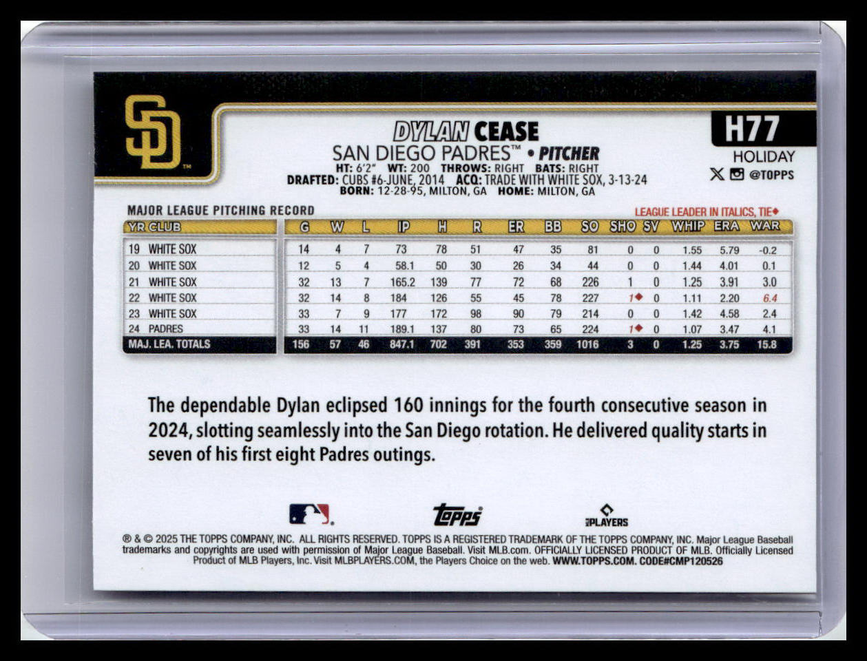 2025 Topps Holiday #H77 Dylan Cease