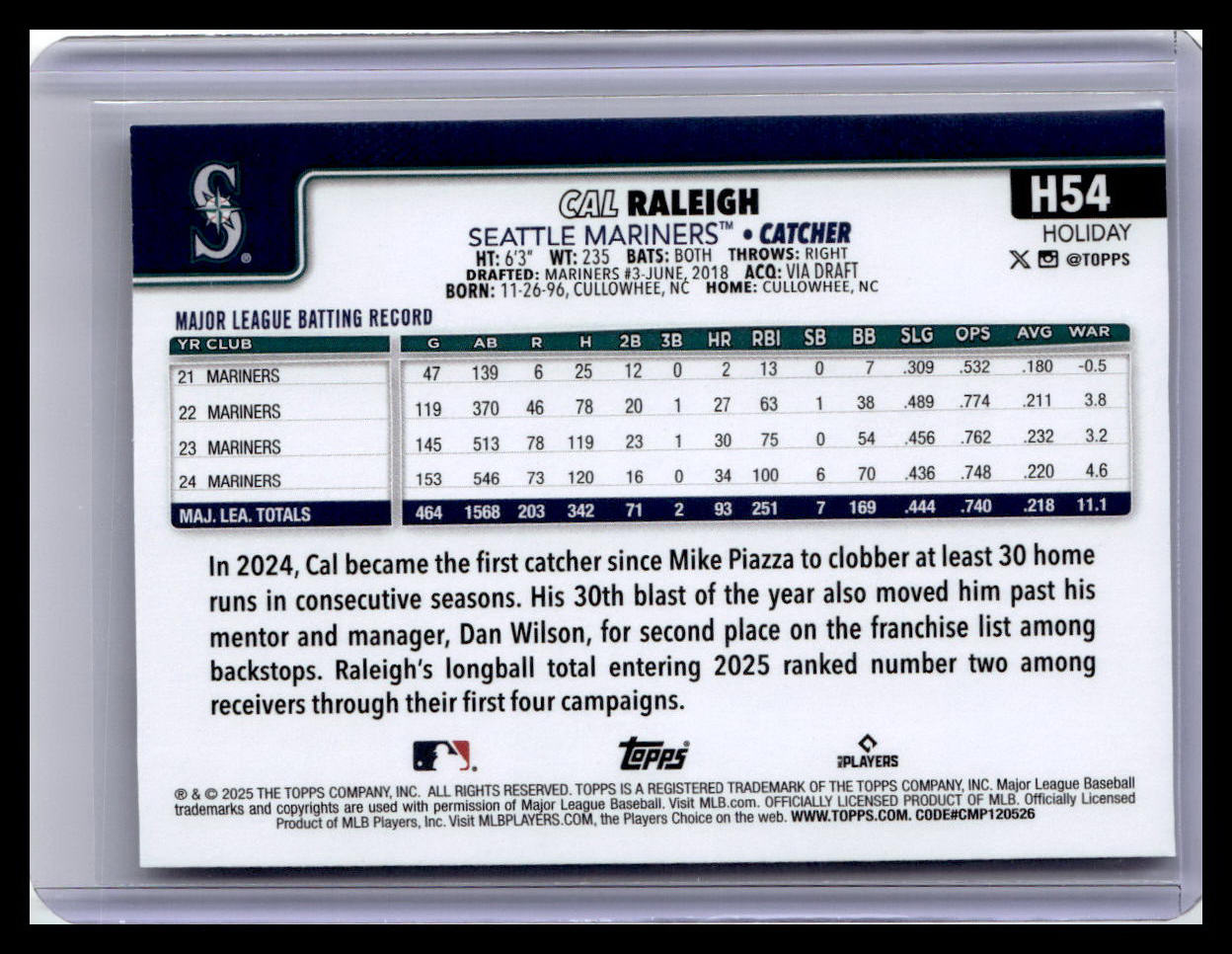 2025 Topps Holiday #H54 Cal Raleigh