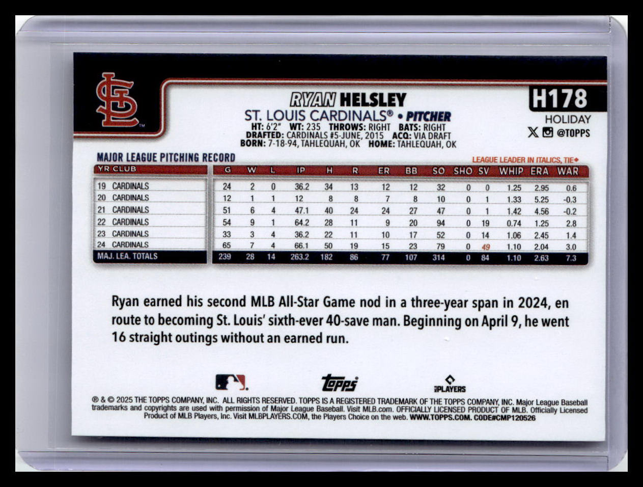 2025 Topps Holiday #H178 Ryan Helsley