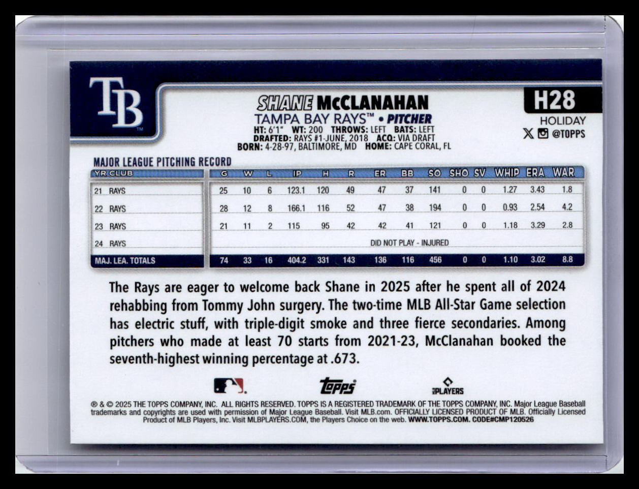 2025 Topps Holiday #H28 Shane McClanahan