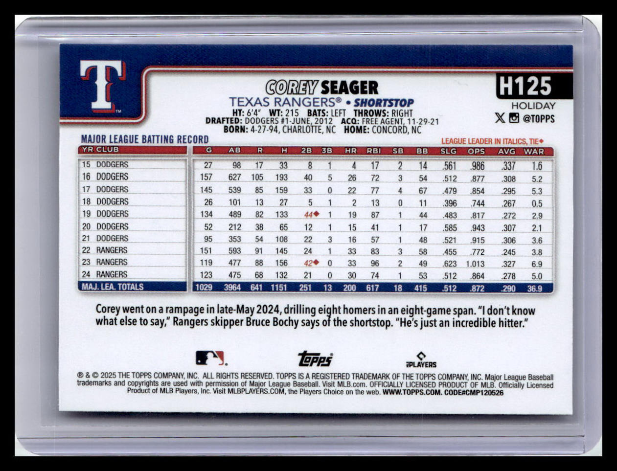 2025 Topps Holiday #H125 Corey Seager