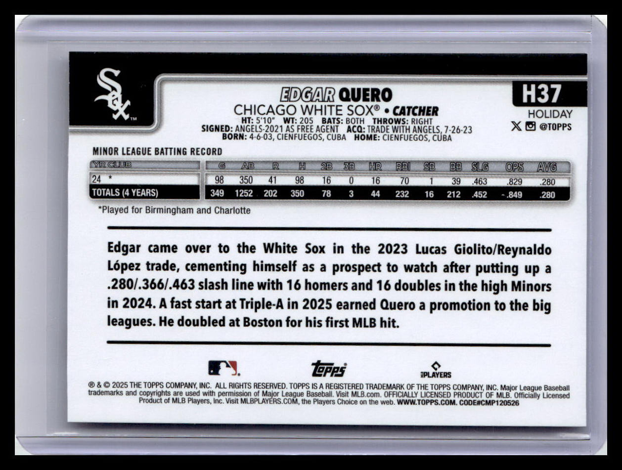 2025 Topps Holiday #H37 Edgar Quero (RC)