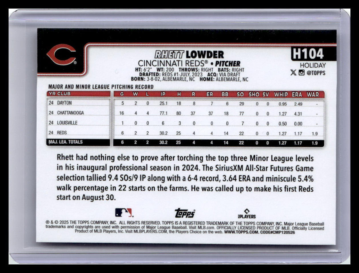2025 Topps Holiday #H104 Rhett Lowder