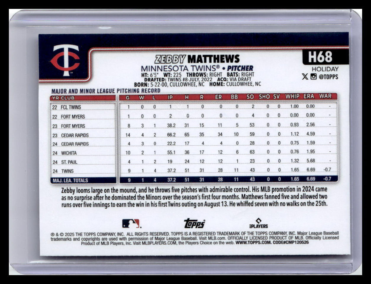 2025 Topps Holiday #H68 Zebby Matthews (RC)