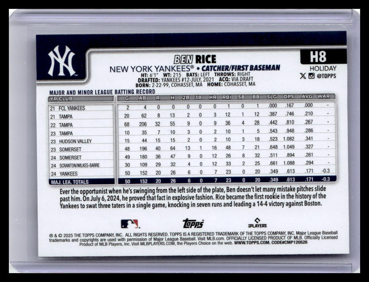 2025 Topps Holiday #H8 Ben Rice (RC)