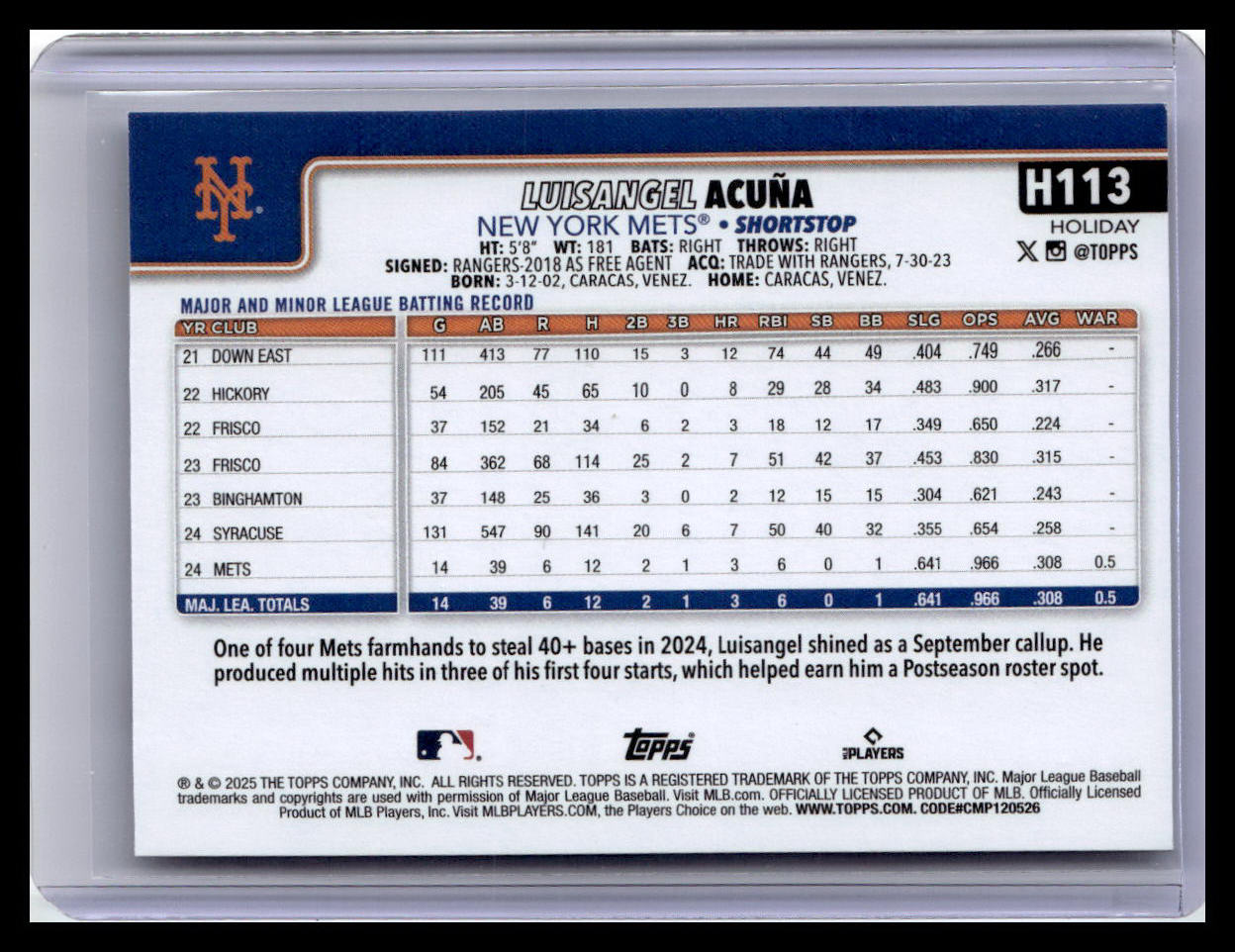 2025 Topps Holiday #H113 Luisangel Acuña (RC)
