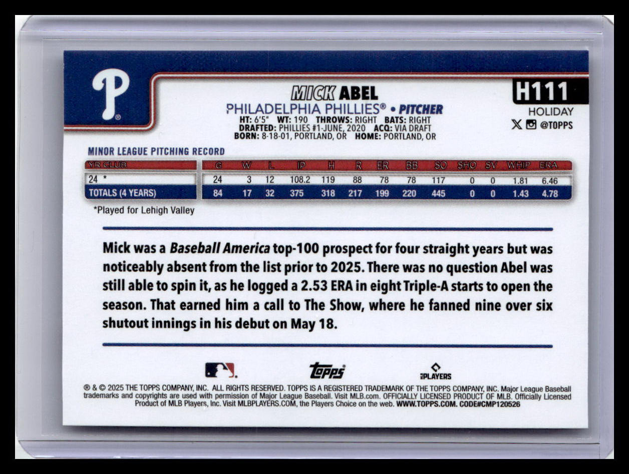 2025 Topps Holiday #H111 Mick Abel (RC)