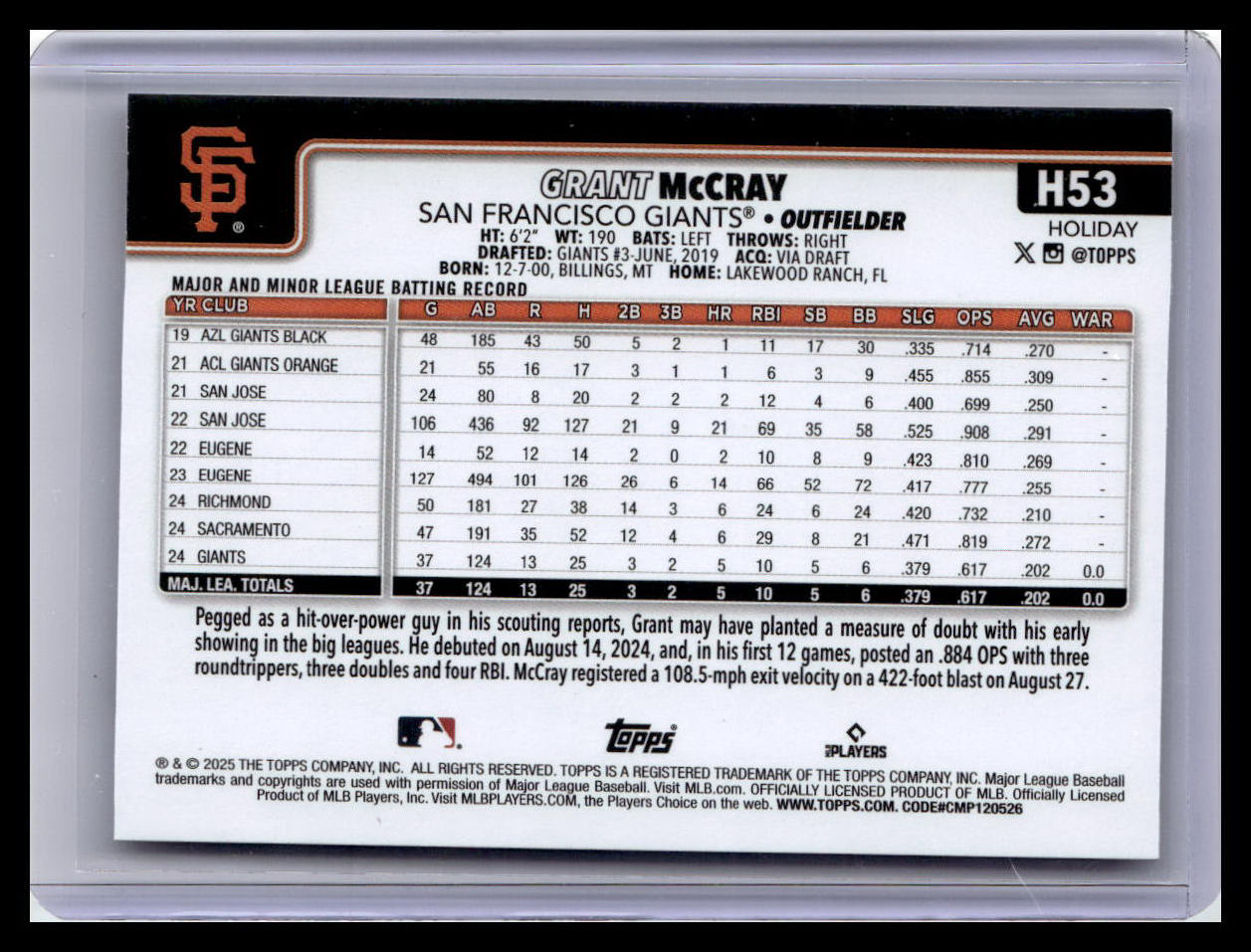 2025 Topps Holiday #H53 Grant McCray (RC)