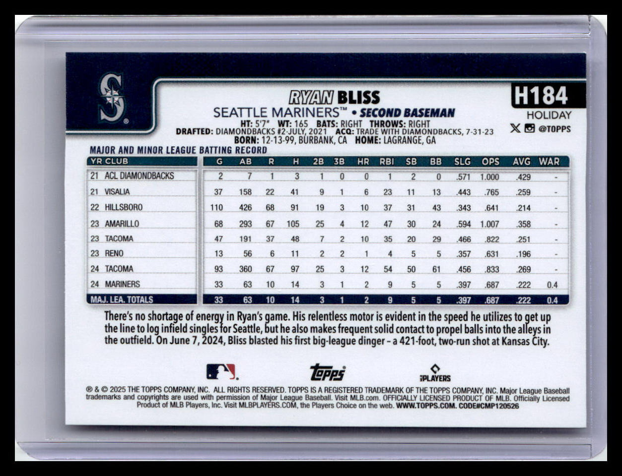 2025 Topps Holiday #H184 Ryan Bliss (RC)