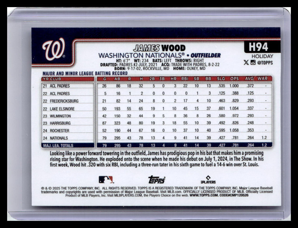 2025 Topps Holiday #H94 James Wood (RC)