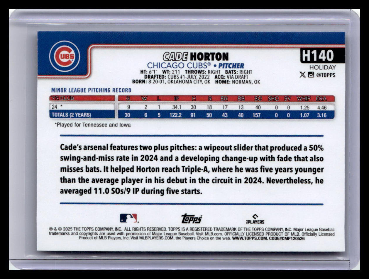 2025 Topps Holiday #H140 Cade Horton Silver Glitter Holiday
