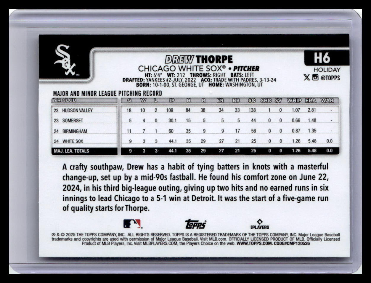 2025 Topps Holiday #H6 Drew Thorpe (RC) Silver Glitter Holiday