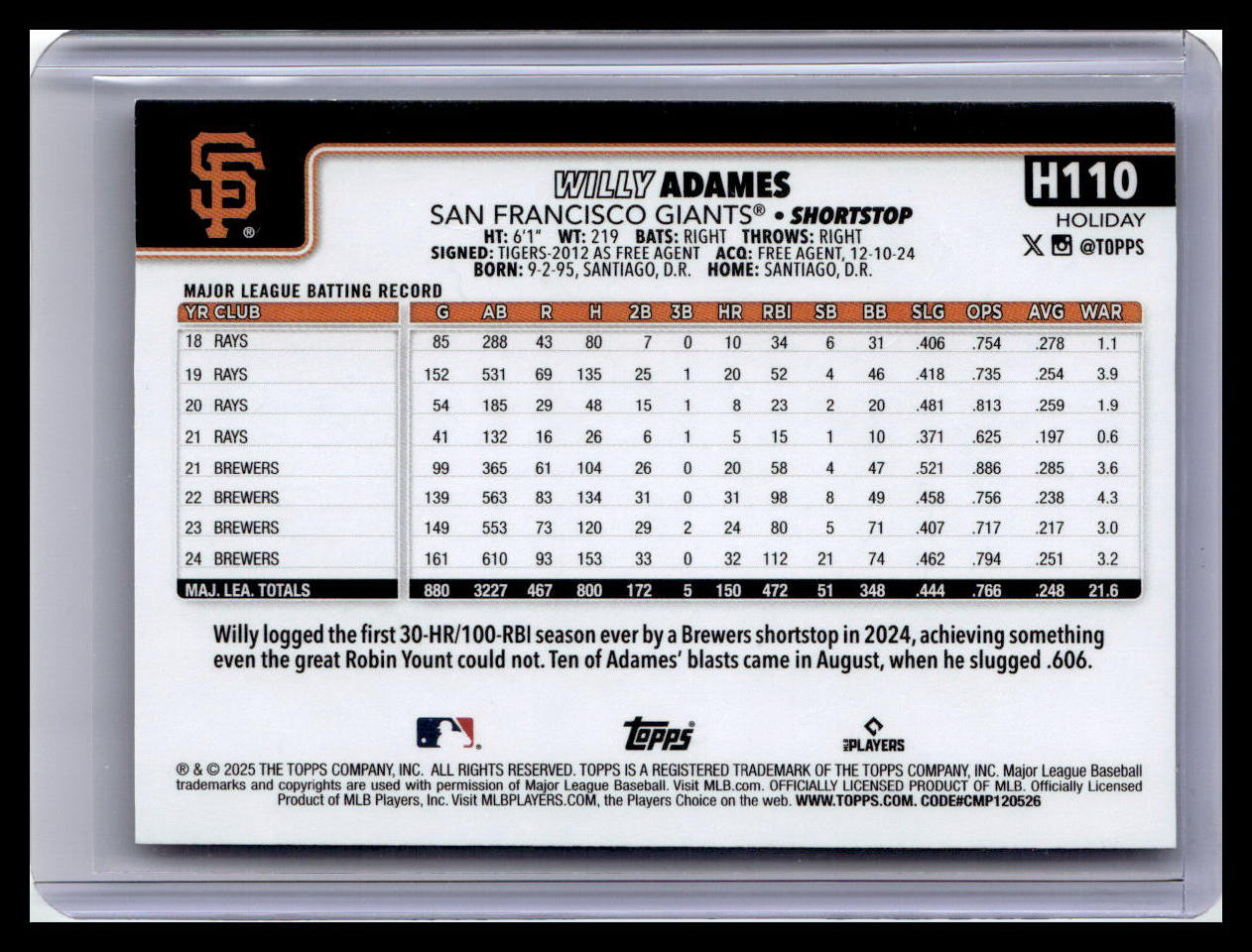 2025 Topps Holiday #H110 Willy Adames Silver Glitter Holiday