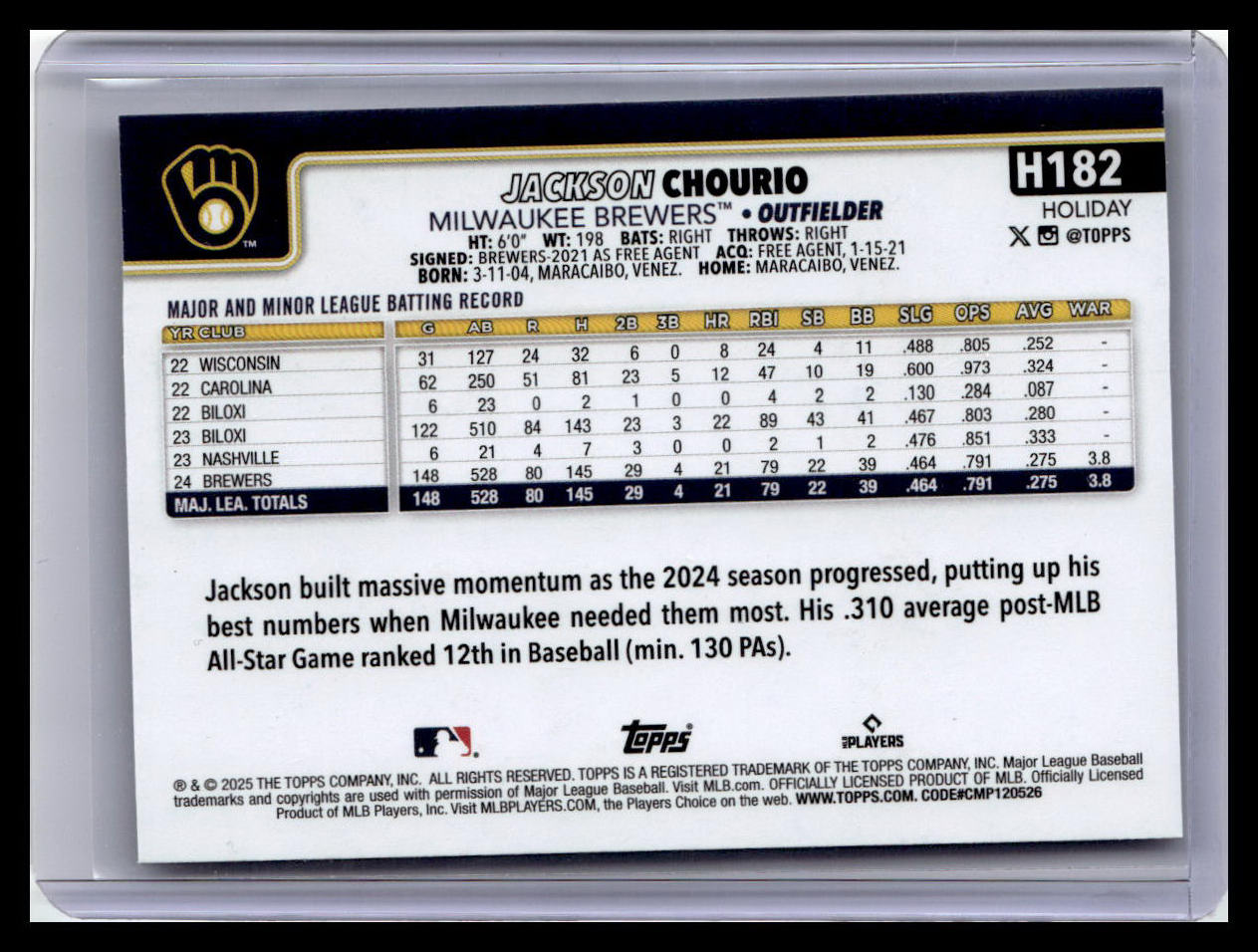 2025 Topps Holiday #H182 Jackson Chourio Silver Glitter Holiday