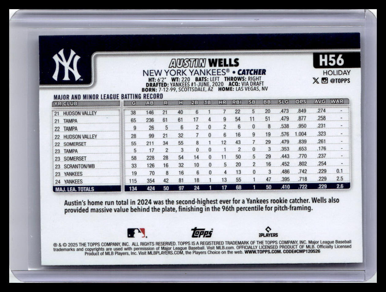 2025 Topps Holiday #H56 Austin Wells Blue Metallic Glitter Holiday