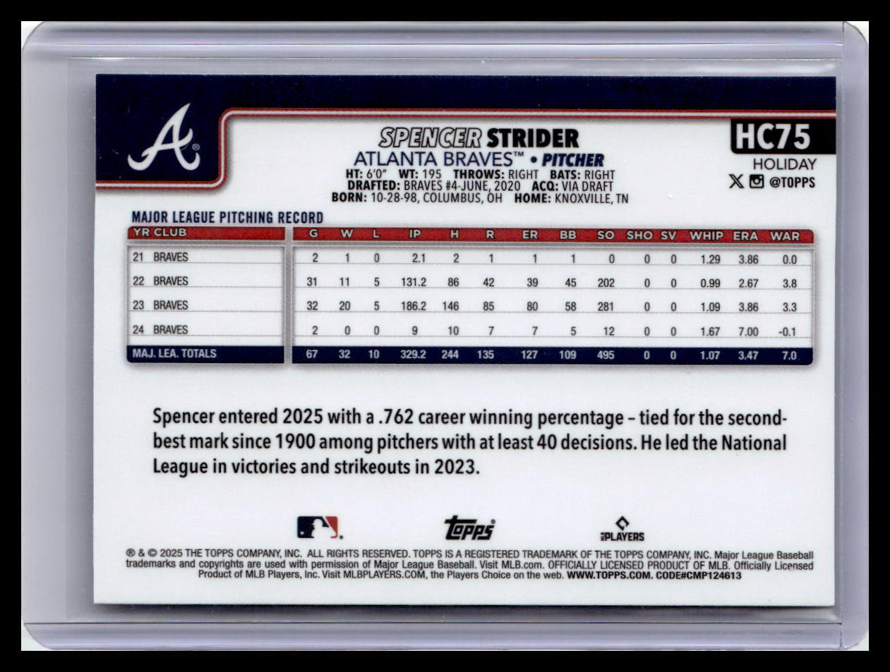 2025 Topps Holiday #HC75 Spencer Strider Chrome #/499