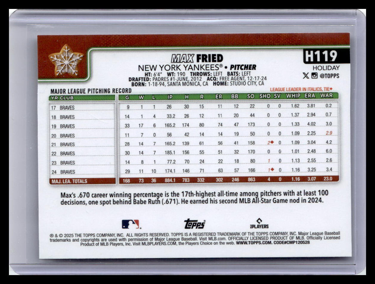 2025 Topps Holiday #H119 Max Fried Holiday Cookie SP Variation