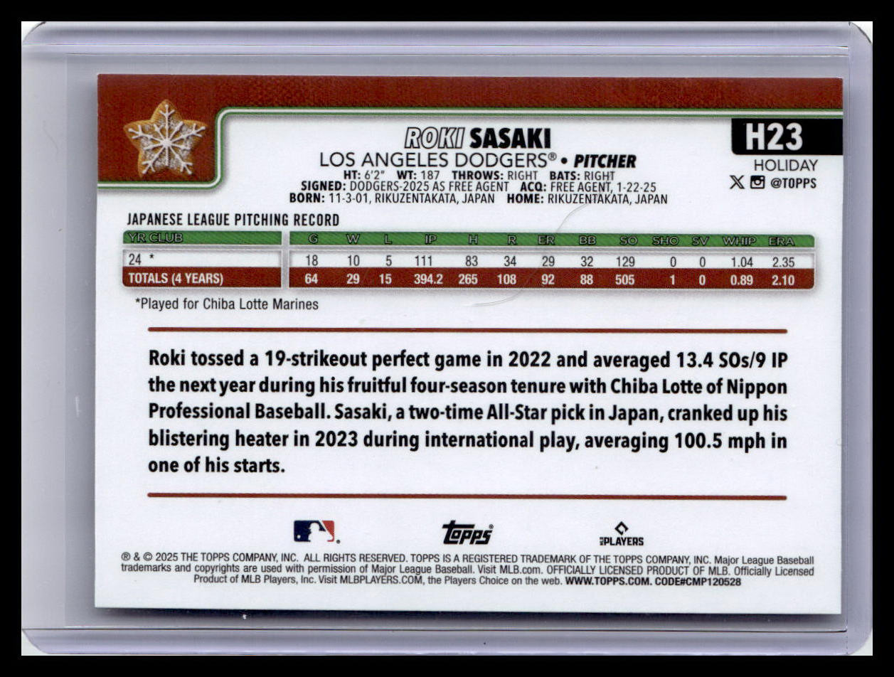 2025 Topps Holiday #H23 Roki Sasaki Holiday Cookie SP Variation