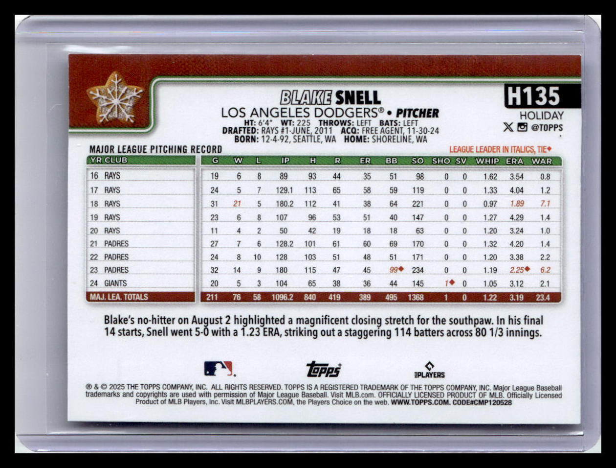 2025 Topps Holiday #H135 Blake Snell Holiday Cookie SP Variation