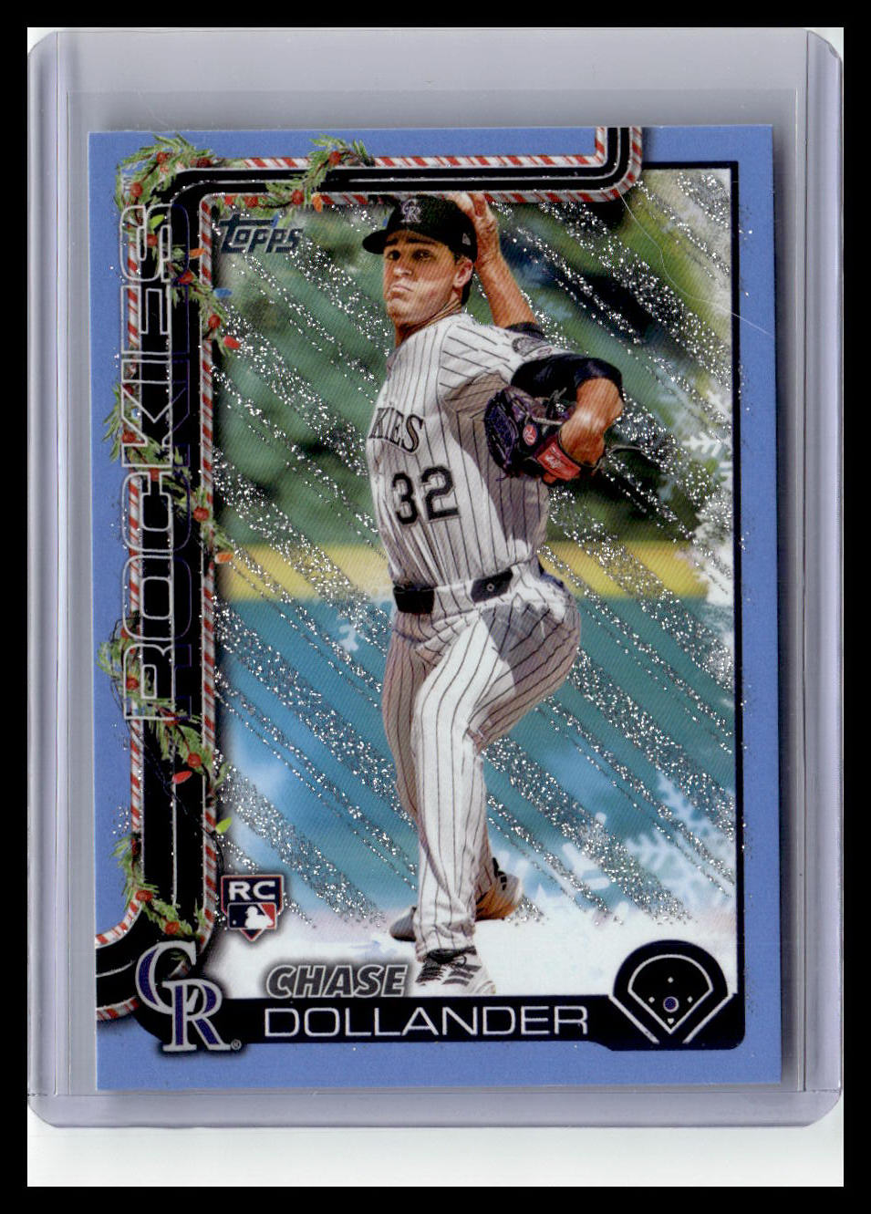 2025 Topps Holiday #H130 Chase Dollander (RC) Light Blue & White Glitter