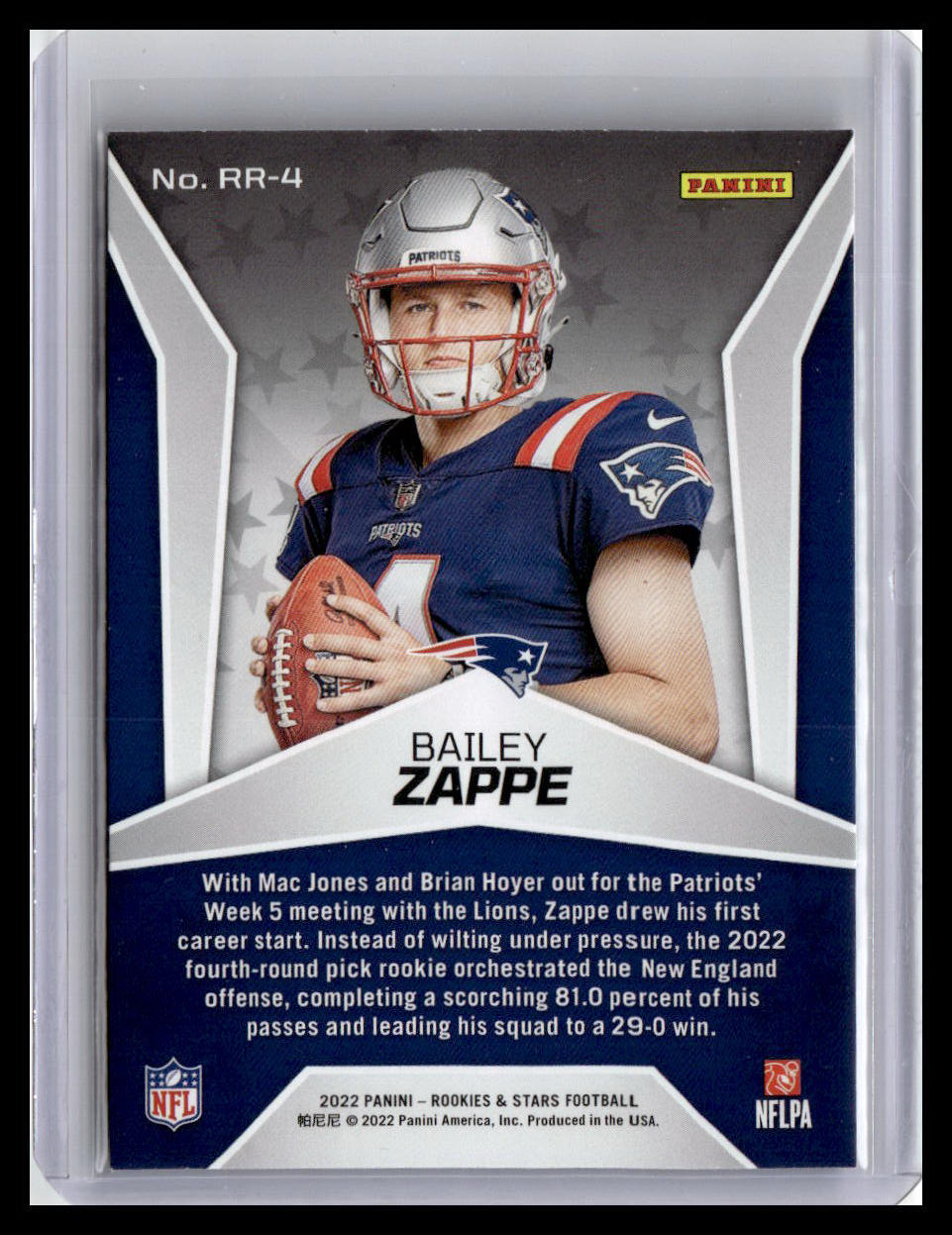 2022 Panini Rookies & Stars #RR-4 Bailey Zappe Rookie Rush