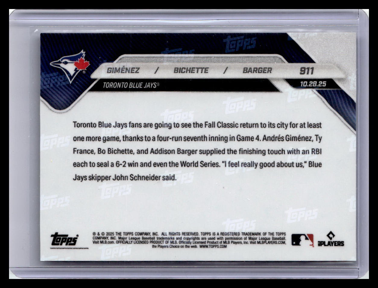 2025 Topps Now #911 Andres Gimenez / Bo Bichette / Addison Barger WS, PR1351