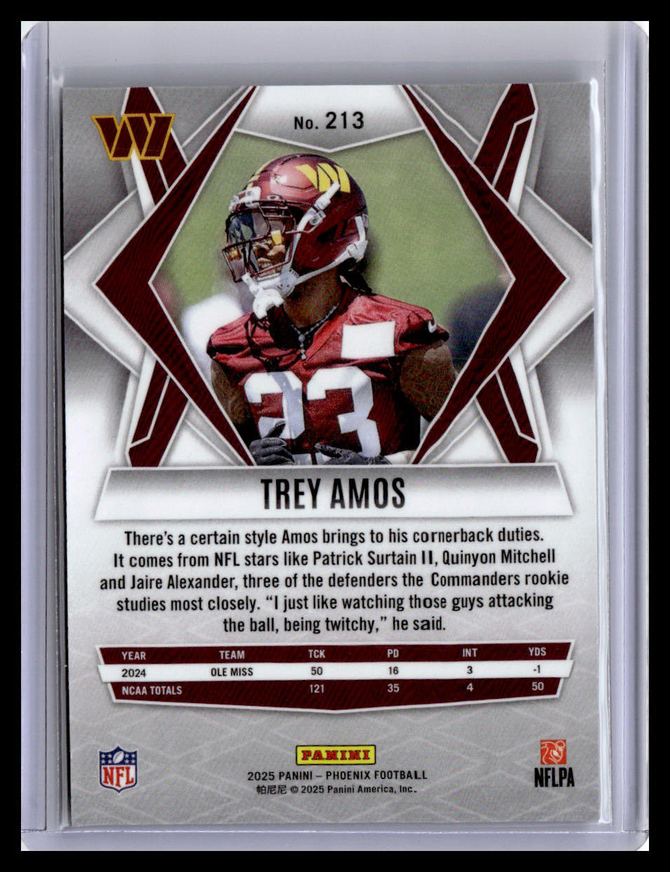 2025 Panini Phoenix #213 Trey Amos (RC) Silver Hyper Prizm