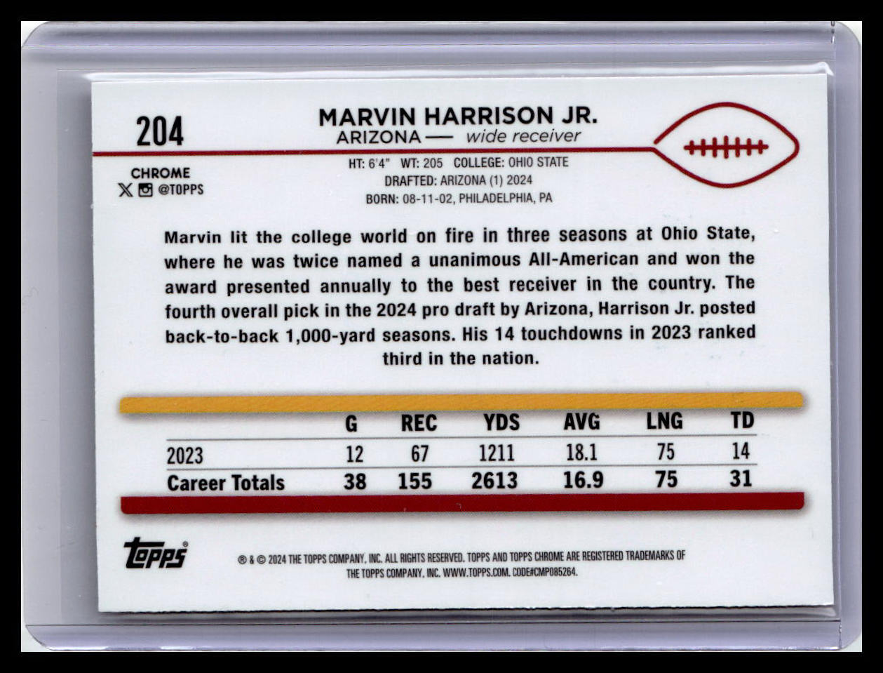 2024 Topps Chrome #204 Marvin Harrison Jr. Pink Refractor
