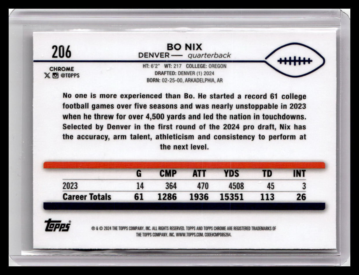 2024 Topps Chrome #206 Bo Nix Pink Refractor