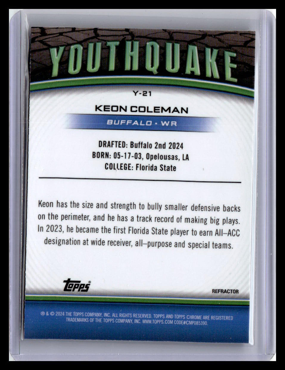2024 Topps Chrome #Y-21 Keon Coleman Youthquake Refractor