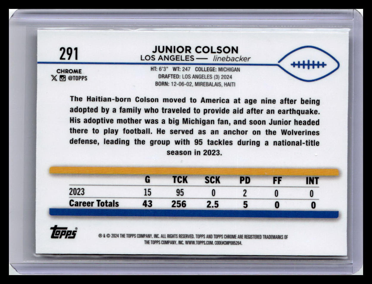 2024 Topps Chrome #291 Junior Colson Sepia Refractor