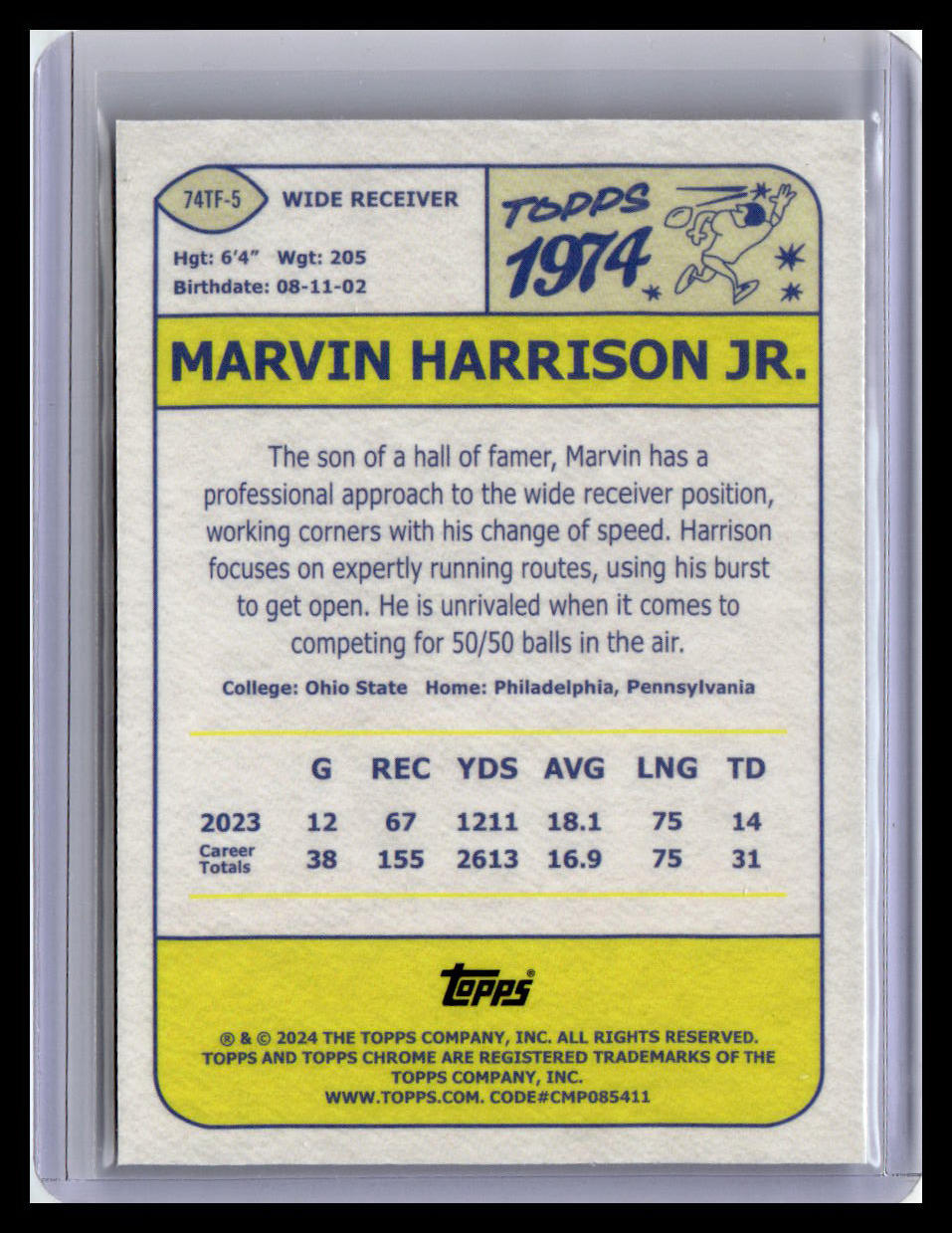 2024 Topps Chrome #74TF-5 Marvin Harrison Jr. 1974 Topps Football X-Fractor