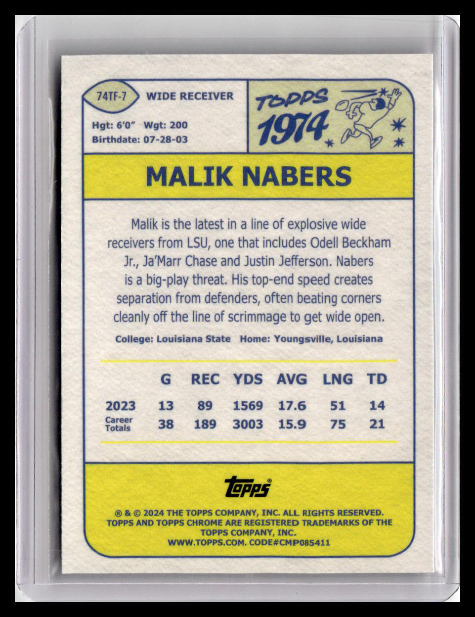 2024 Topps Chrome #74TF-7 Malik Nabers 1974 Topps Football