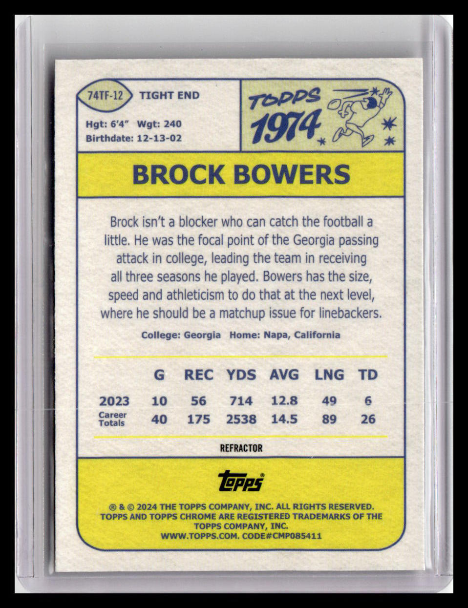 2024 Topps Chrome #74TF-12 Brock Bowers 1974 Topps Football Refractor