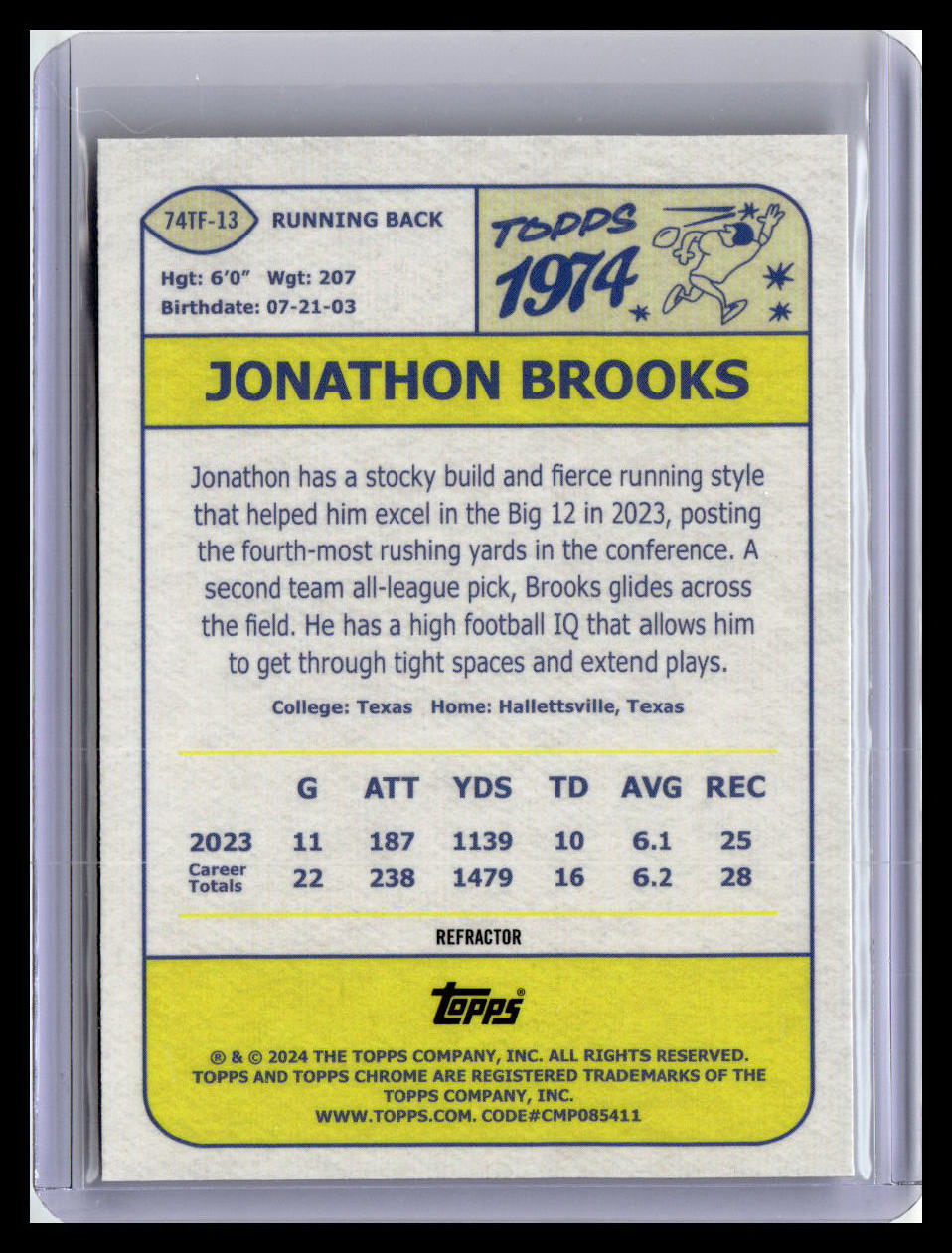 2024 Topps Chrome #74TF-13 Jonathon Brooks 1974 Topps Football Pink Refractor