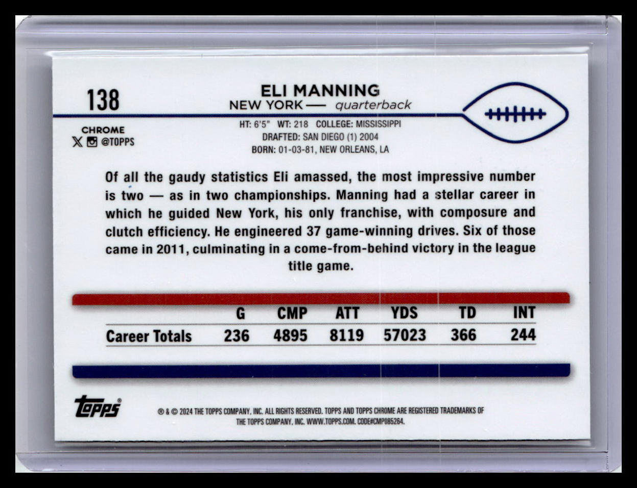 2024 Topps Chrome #138 Eli Manning Prism Refractor