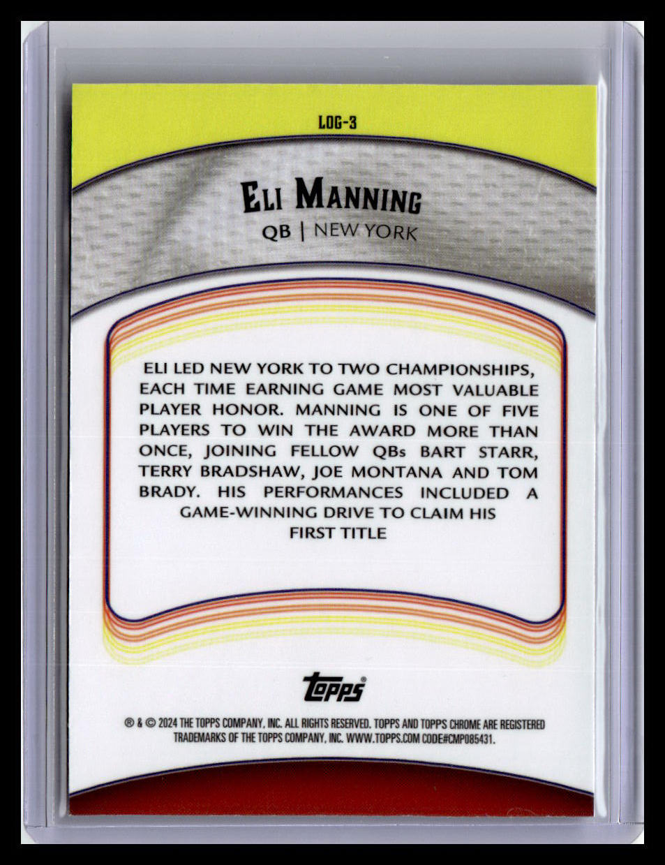 2024 Topps Chrome #LOG-3 Eli Manning Legends of the Gridiron