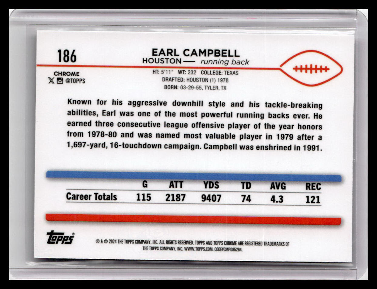 2024 Topps Chrome #186 Earl Campbell X-Fractor