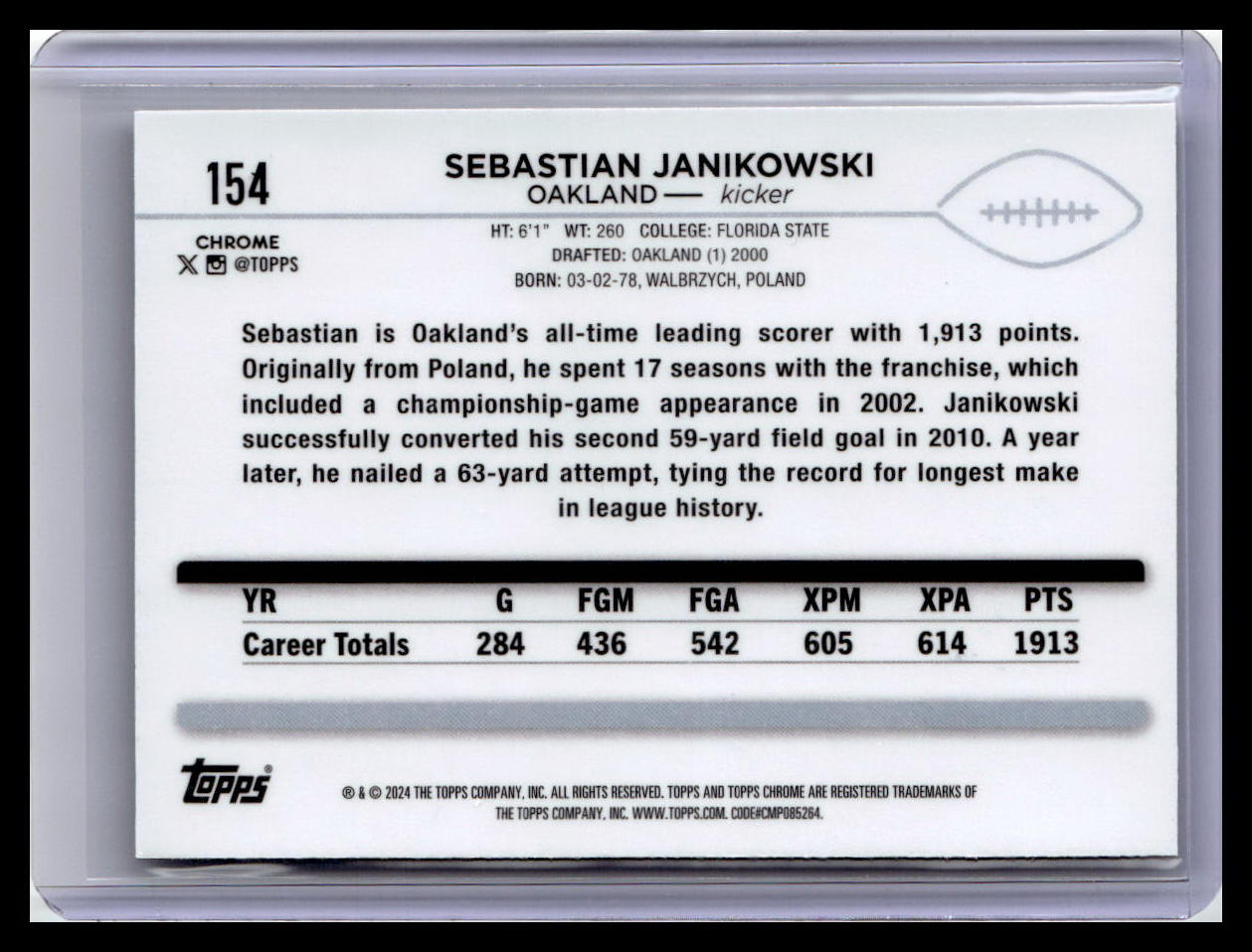 2024 Topps Chrome #154 Sebastian Janikowski X-Fractor