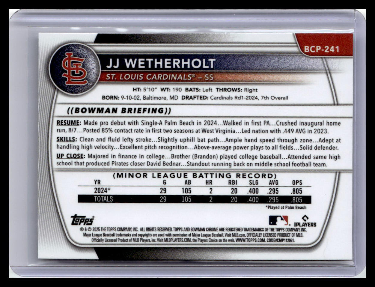 2025 Bowman Chrome #BCP-241 JJ Wetherholt Prospects