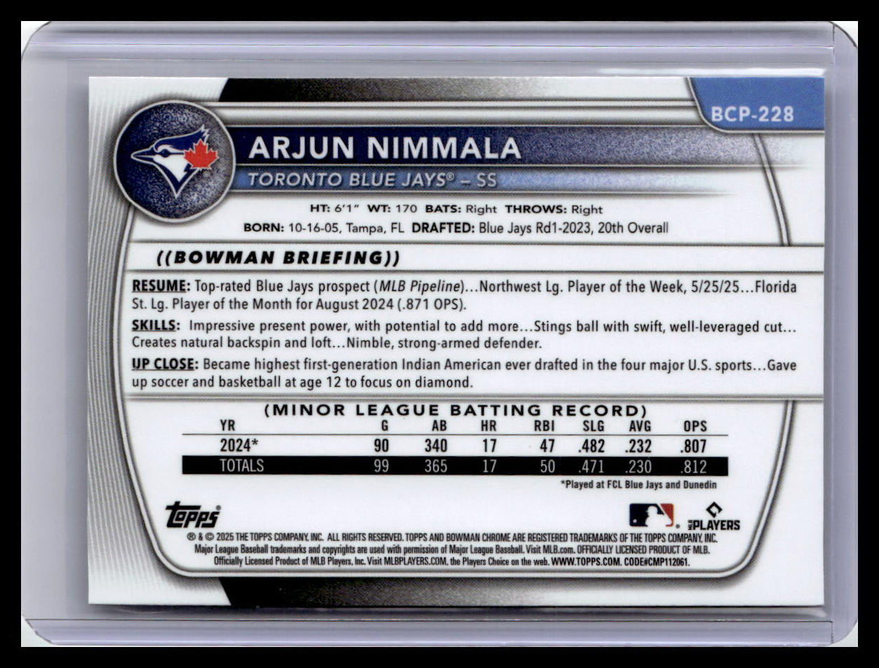 2025 Bowman Chrome #BCP-228 Arjun Nimmala Prospects
