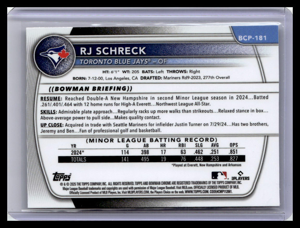 2025 Bowman Chrome #BCP-181 RJ Schreck Prospects 1st Bowman