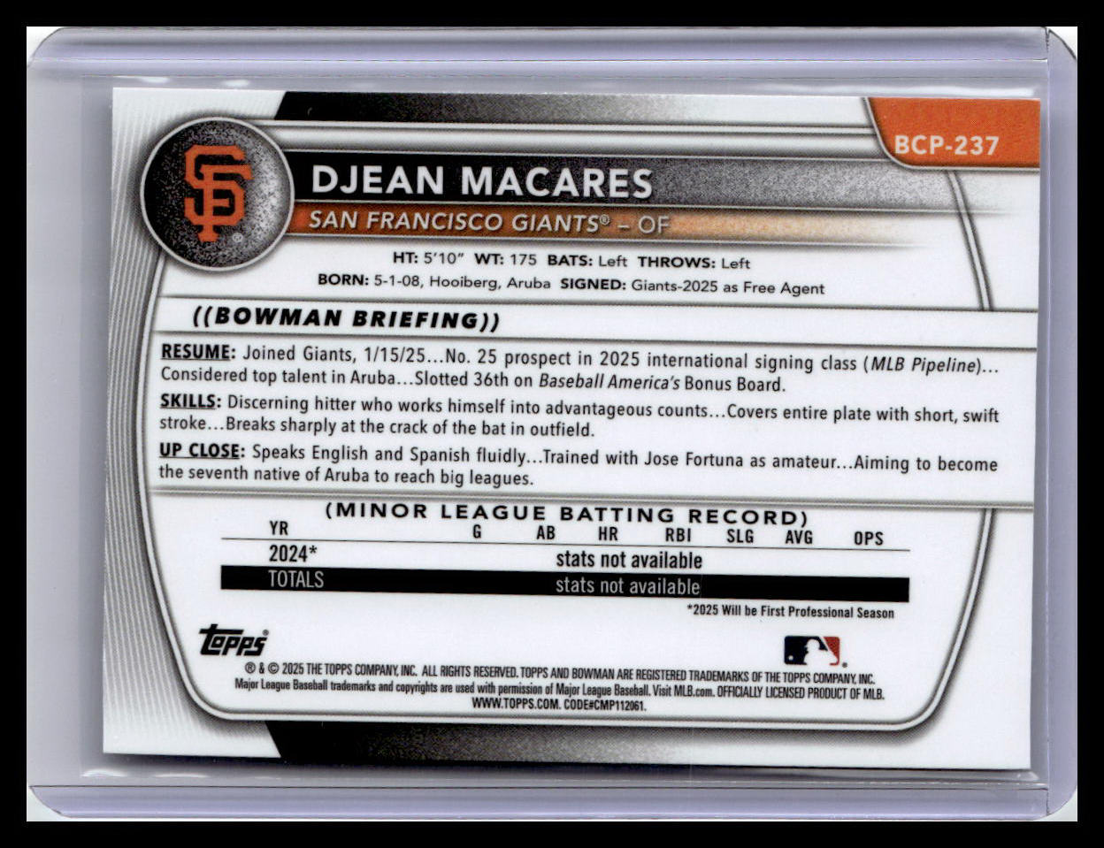 2025 Bowman Chrome #BCP-237 Djean Macares 1st Bowman