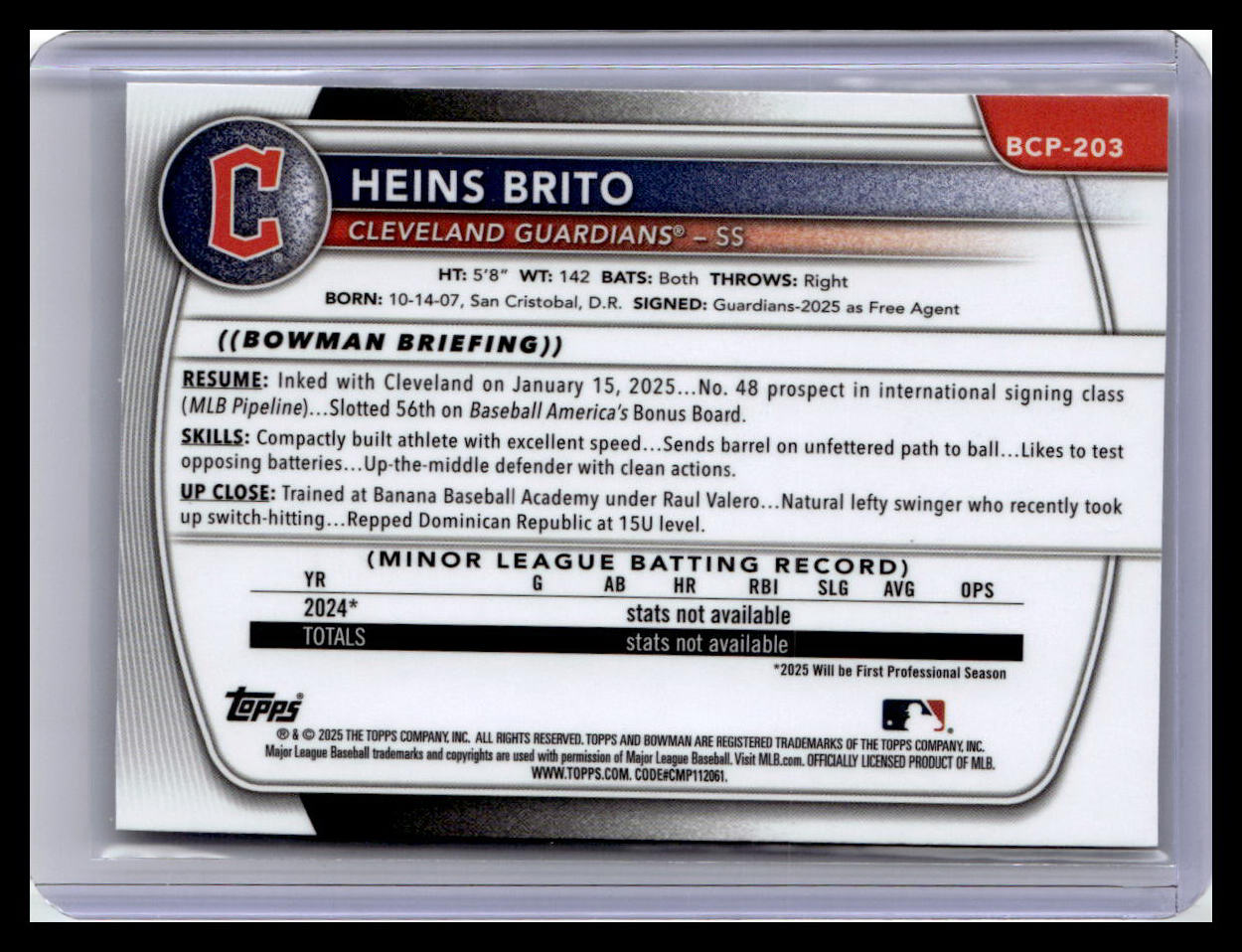 2025 Bowman Chrome #BCP-203 Heins Brito 1st Bowman