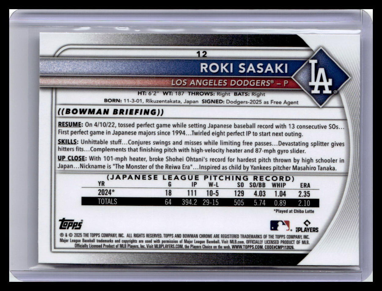 2025 Bowman Chrome #12 Roki Sasaki